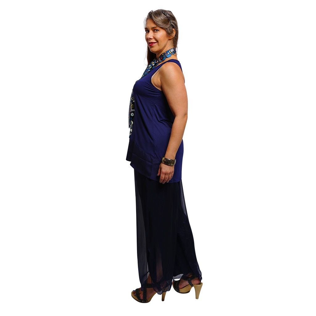 Silk Pant Navy Full Length - Side